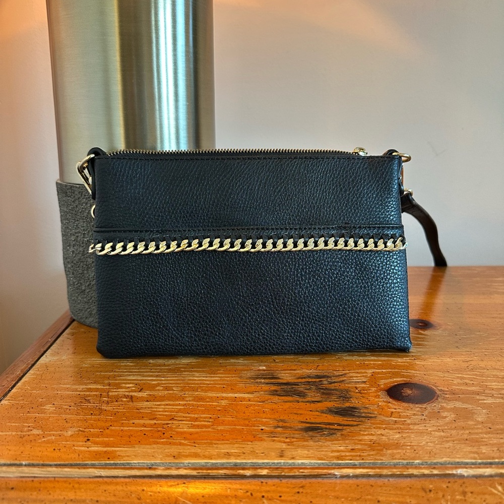 Black Leather Crossbody Bag with Gold Chain detail and black leather strap